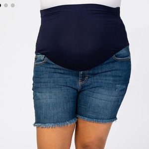 Navy Fringe Hem Maternity Plus Jean Shorts with Full Panel - Like New - Size XL